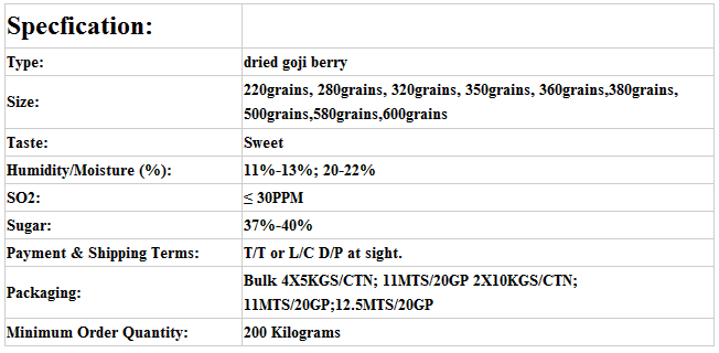 Goji Berry Specifications Goji Berry - We offer goji berry with many sizes in China.